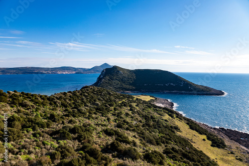 Fototapeta Naklejka Na Ścianę i Meble -  small island of Sphacteria seen from the ruins of old Castle of Navarino. Pylos-Nestor, Messenia, Peloponnese, Greece