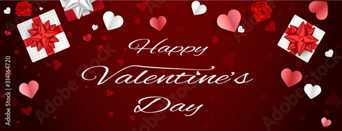 Bannière - carte Valentin's day - ballon coeur rose et rouge - february 14th coeur en papier plier et rose rouge sur fond rouge