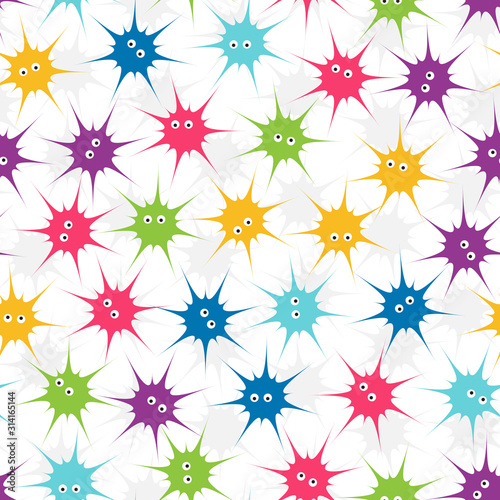 Funny little monsters or abstract multicolored spiders. Seamless pattern. Halloween background.