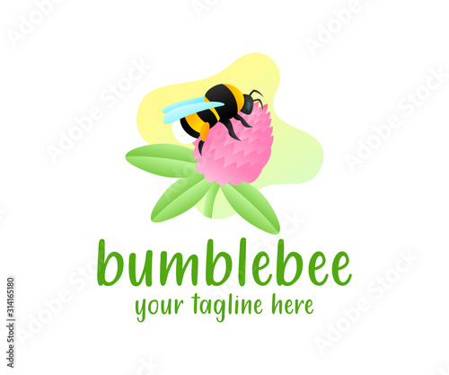 Bumblebee sits on a clover flower, illustration and logo design. Insect, animal, nature and plant with leaves, vector design