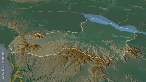 Pouthisat, province with its capital, zoomed and extruded on the relief map of Cambodia in the conformal Stereographic projection. Animation 3D photo