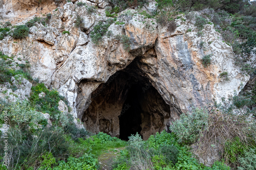 Entrance to Nestor's cave near Voidokilia Beach and Gialova Lagoon. Pylos-Nestor, Messenia, Peloponnese, Greece