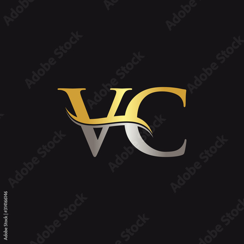 Initial Gold and Silver VC Letter Linked Logo with Black Background. Creative Letter VC Logo Design . VC Logo Design.