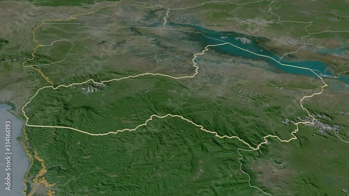 Pouthisat, province with its capital, zoomed and extruded on the satellite map of Cambodia in the conformal Stereographic projection. Animation 3D photo