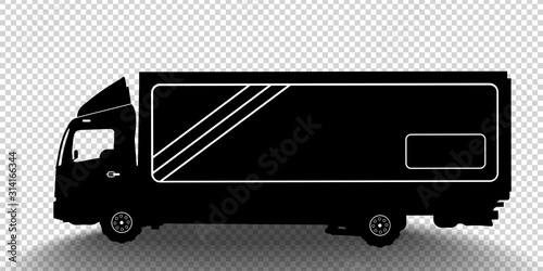 Vector detailed silhouette of truck isolated on transparent background. Black and white vehicle icon with shadow. Vector illustration