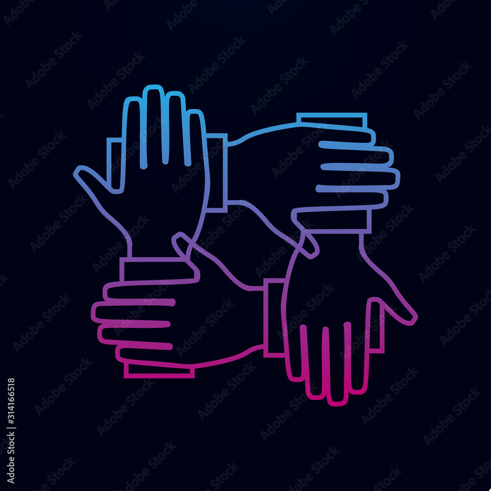 Four hands hold together nolan icon. Simple thin line, outline vector of team work icons for ui and ux, website or mobile application Four hands hold together nolan icon. Simple thin line, outline vector of team work icons for ui and ux, website or mobile application