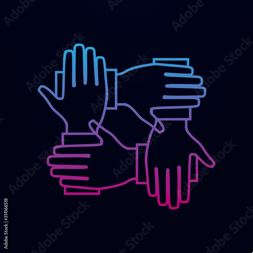Four hands hold together nolan icon. Simple thin line  outline vector of team work icons for ui and ux  website or mobile application