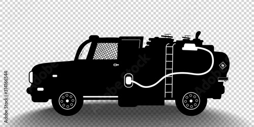 Vector detailed silhouette of fuel carrier truck isolated on transparent background. Black and white vehicle icon with shadow. Vector illustration