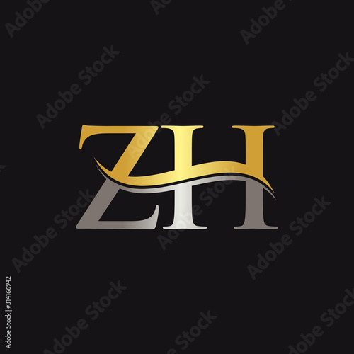Initial Gold and Silver ZH Letter Linked Logo with Black Background. Creative Letter ZH Logo Design.