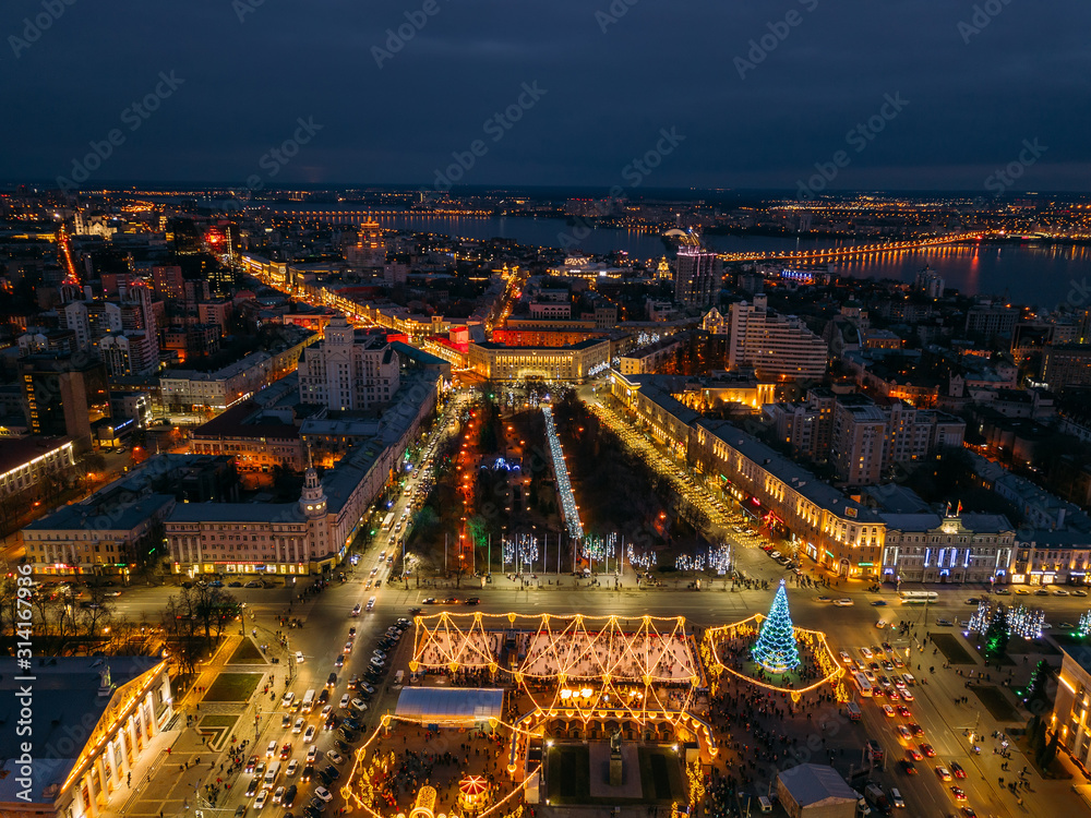 Street illumination during new year celebration in Voronezh, Russia, aerial view