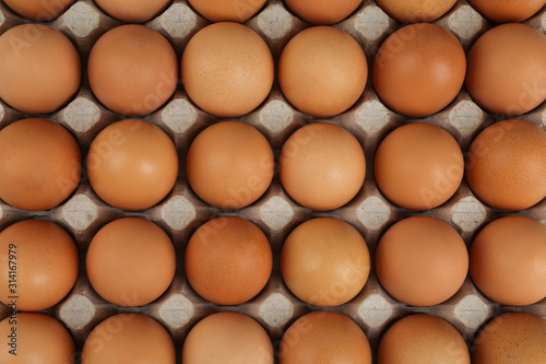 Raw chicken eggs in carton, top view