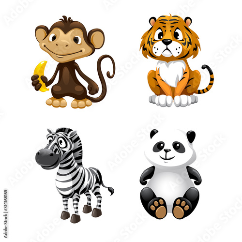cute animals monkey, tiger, zebra, panda