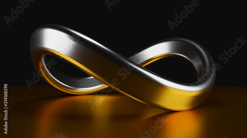 Gold and silver infinite symbol on dark background. 3D illustration