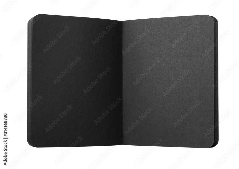 Stylish open black notebook isolated on white, top view Stylish open black notebook isolated on white, top view