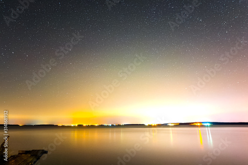 Starry sky over the lake. Starry sky background picture of stars in night sky and the Milky Way.