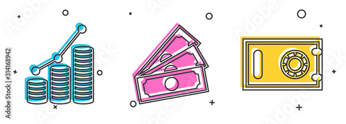 Set Pie chart infographic and coin, Stacks paper money cash and Safe icon. Vector