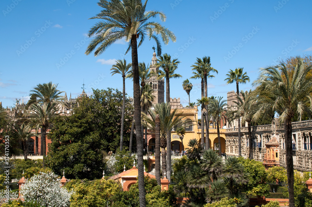 Seville Spain, view across the garden in the grounds of the royal palace 