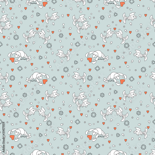 Funny Cartoon Marine Animals. Vector Sea Seamless Pattern with Fish and Crayfish.