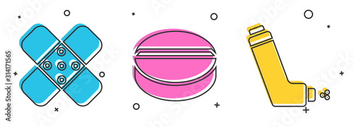 Set Crossed bandage plaster, Medicine pill or tablet and Inhaler icon. Vector