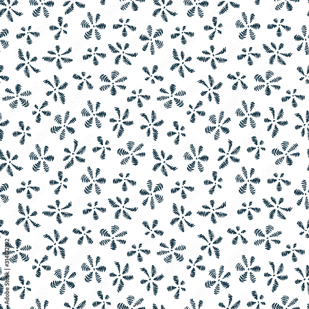 Flowers. Daisies. Floral seamless pattern. Strokes flowers. Black and white background.