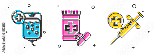 Set IV bag, Medicine bottle and pills and Medical syringe with needle icon. Vector