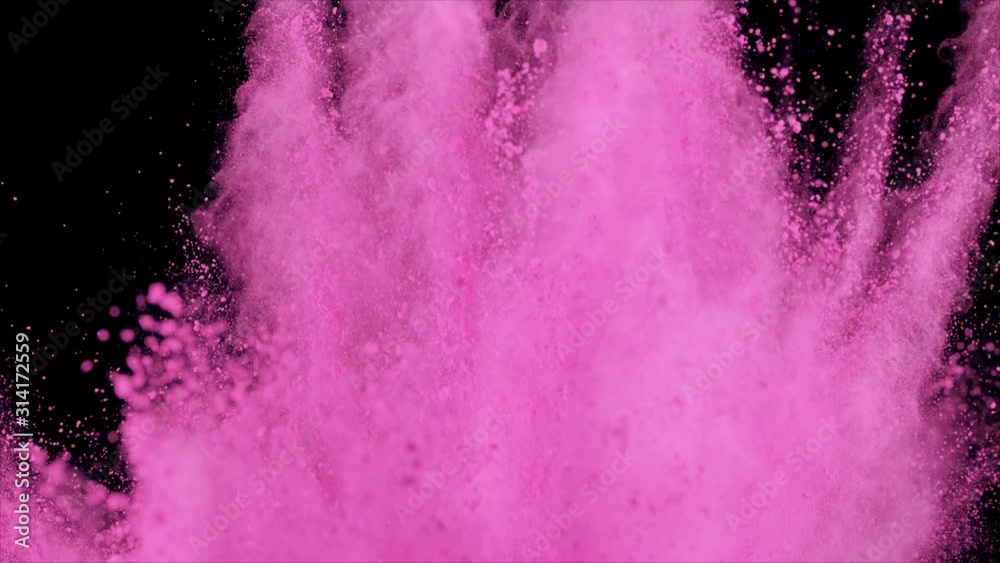 Realistic pink powder dust explosion on black background. Slow motion movement engulfing screen