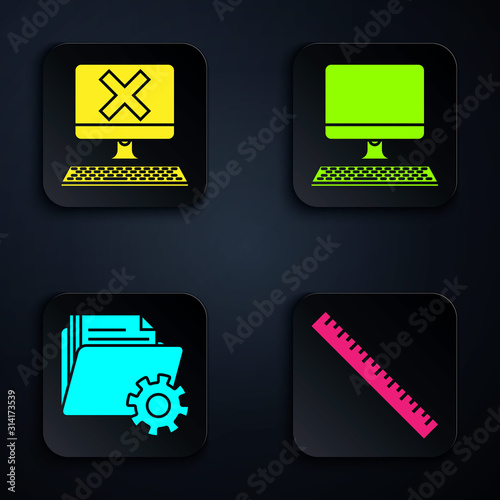 Set Ruler, Computer with keyboard and x mark, Folder settings with gears and Computer monitor with keyboard. Black square button. Vector