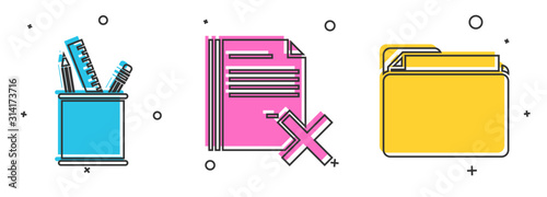 Set Pencil case stationery, Delete file document and Document folder icon. Vector