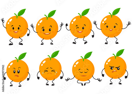 Set of cute, attractive oranges, characters with emotions and poses