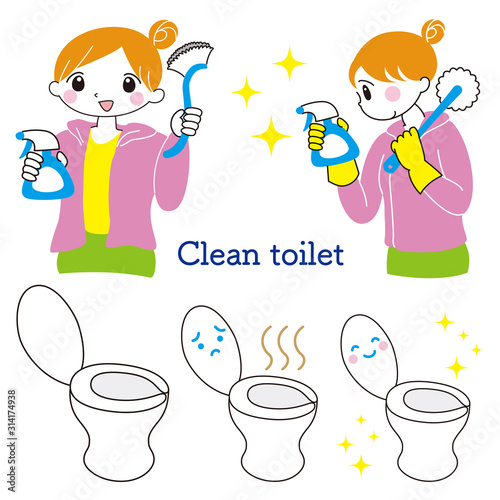 トイレ掃除　女性　洋式トイレ　イラスト