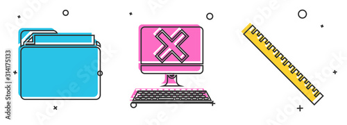 Set Document folder, Computer with keyboard and x mark and Ruler icon. Vector