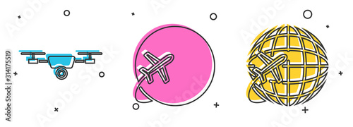 Set Drone flying with action video camera, Globe with flying plane and Globe with flying plane icon. Vector