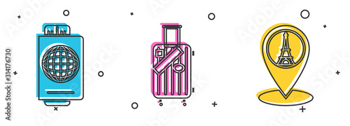 Set Passport with ticket, Suitcase for travel and stickers and Map pointer with Eiffel tower icon. Vector