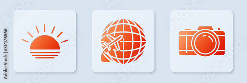 Set Globe with flying plane, Sunset and Photo camera. White square button. Vector