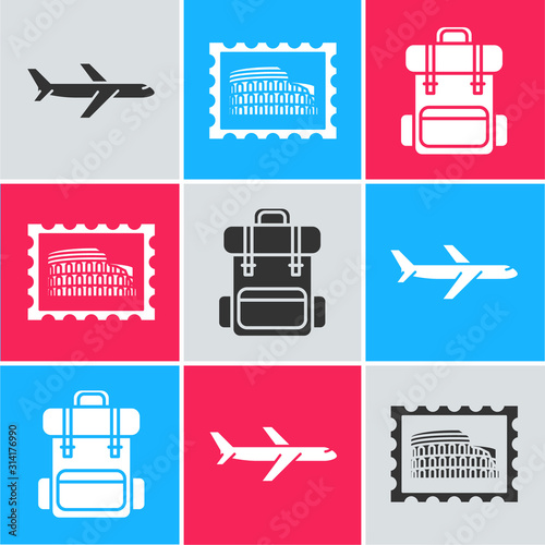 Set Plane, Postal stamp and Coliseum and Hiking backpack icon. Vector