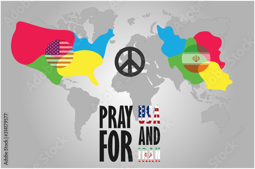 Pray for USA vs Iran, Flags in colorful national map on World map, Vector illustration