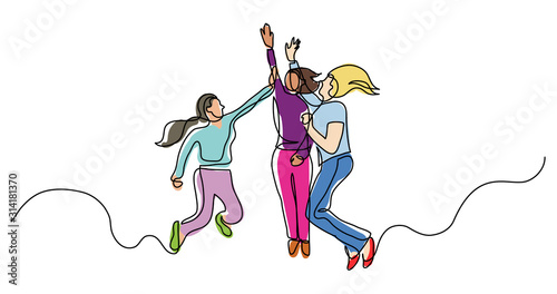 continuous line drawing of group of happy women jumping giving high five