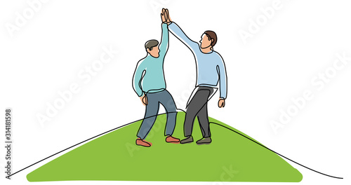 continuous line drawing of two travelers giving high five on mountain top