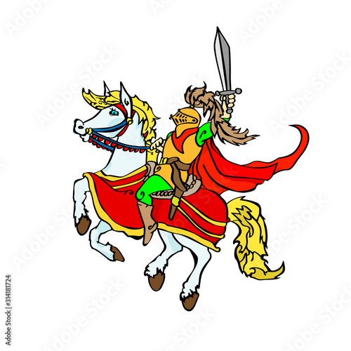 Jolly knight with a sword on a prancing horse. Sitting cartoon character in a red flowing cloak. Vector illustration