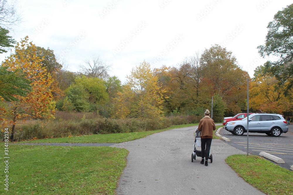 Woman with a stroller walking on a trail at McDowell Grove Forest Preserve in Naperville, Illinois in autumn