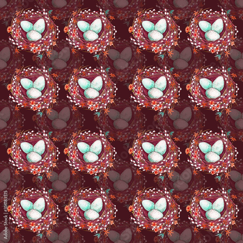 The holiday of Easter. The pattern of nest with eggs