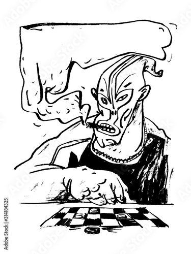 The masked man smokes a cigar and plays checkers. Black and white illustration, perfect for use in publications, packaging design, prints, posters, t-shirts, souvenirs.