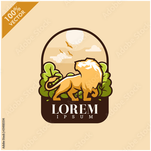 Lion with tree and sky background safari zoo logo vector