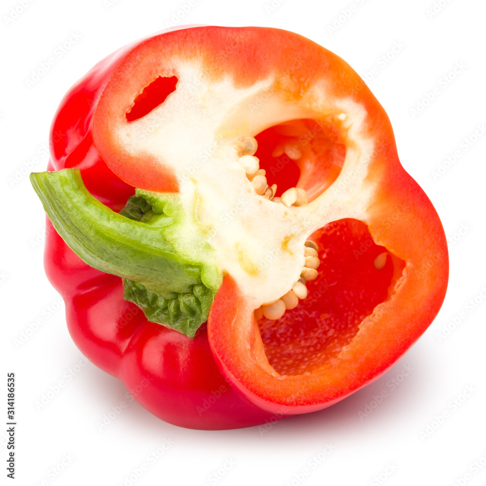 Red bell pepper sliced isolated on white with clipping path. Red bell pepper sliced isolated on white with clipping path.