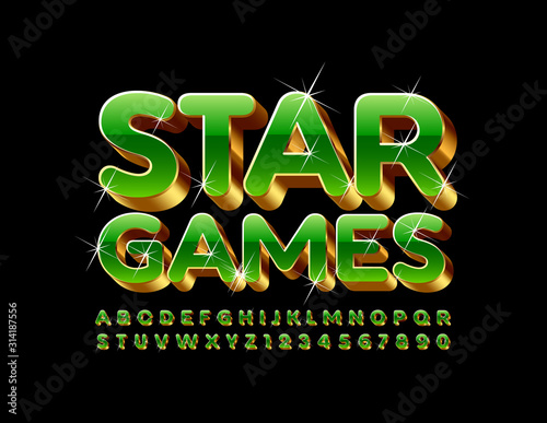Vector chic sparkling Emblem Star Games. Unique 3D Font. Green and Golden Alphabet Letters and Numbers. 
