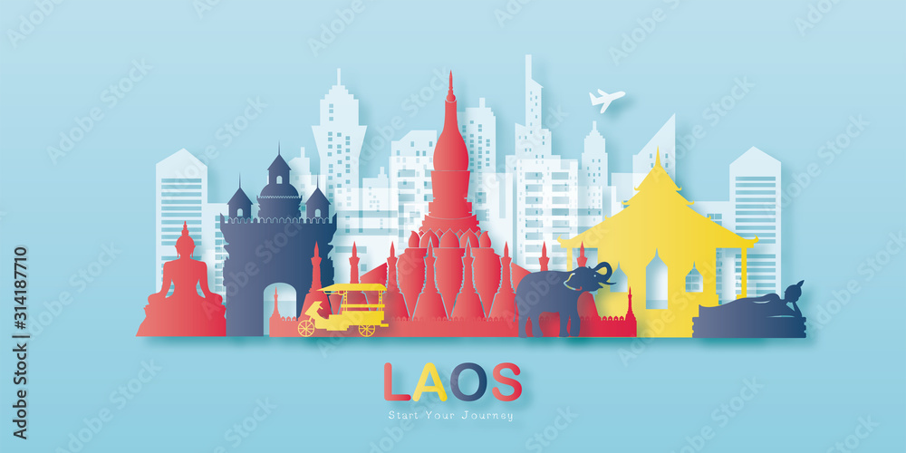 Laos Travel postcard, poster, tour advertising of world famous landmarks in paper cut style. Vectors illustrations