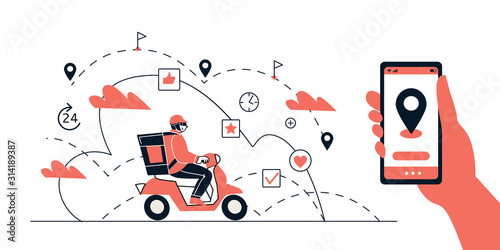 Food delivery. Application for food shipping on your smartphone, online order tracking, technology and logistics concept.