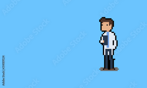 Pixel art cartoon doctor character.