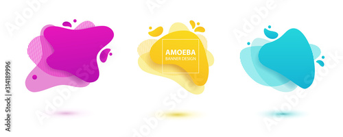 Amoeba liquid design. Dynamical colored forms of amoeba. Modern banner template for logo, flyer, presentation design. Yellow, red, blue colors.