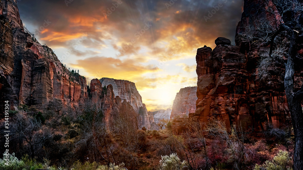 The sun setting over the mountains on a trail in Zion National Park, Springdale, Utah, USA.